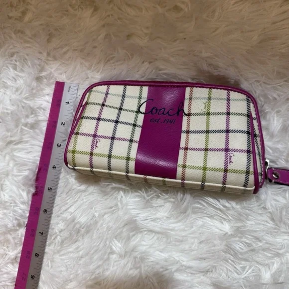 Coach Peyton Tattersall Coated Canvas and Leather Plaid Pink Stripe Cosmetic Bag - Picture 7 of 9